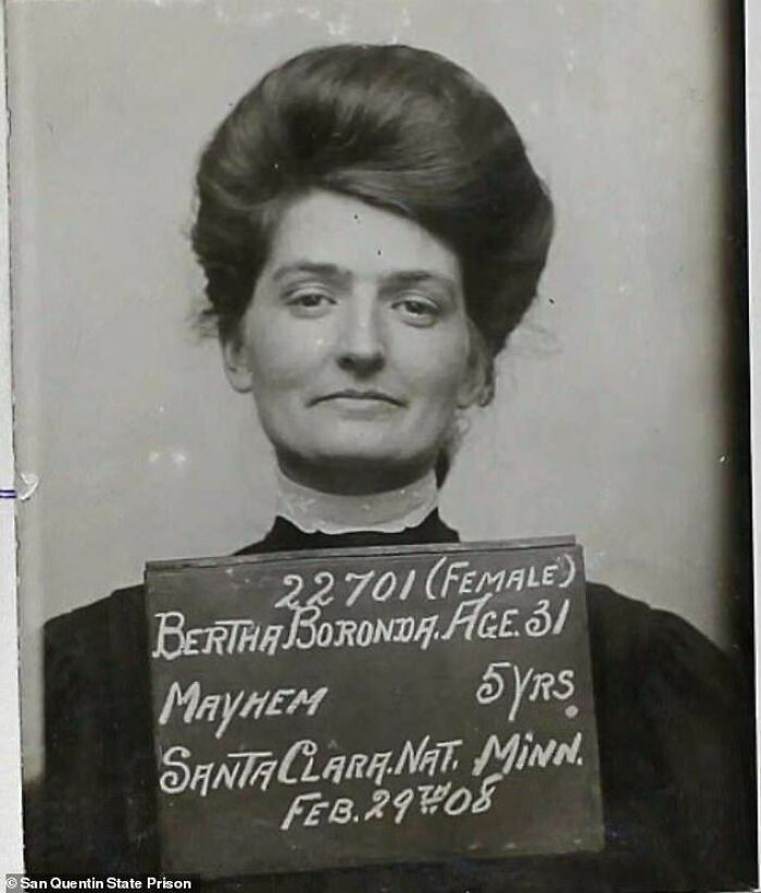 Bertha Boronda's mugshot from 1908, a historical moment nearly lost to history, showing a woman with an elaborate hairstyle.
