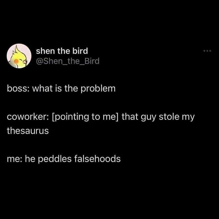 A funny meme showing a conversation about a stolen thesaurus, highlighting science humor.