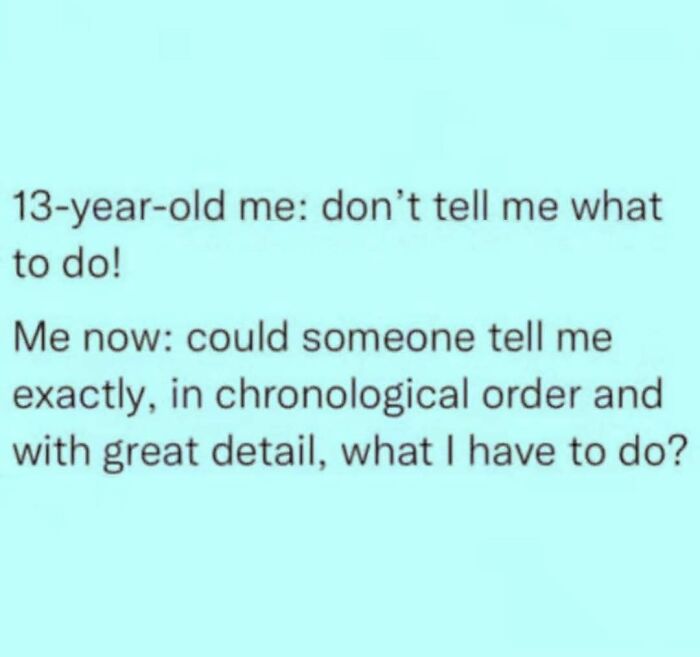 A meme queen post contrasting a 13-year-old demanding independence with an adult needing detailed instructions.
