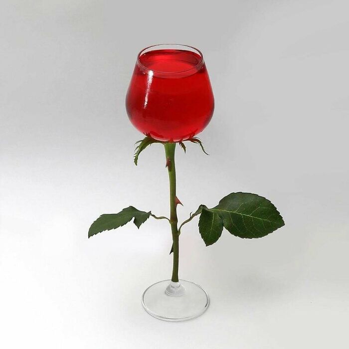 Brilliant and beautiful design: A wine glass with red liquid, a rose stem, thorns, and leaves, resembling a rose.