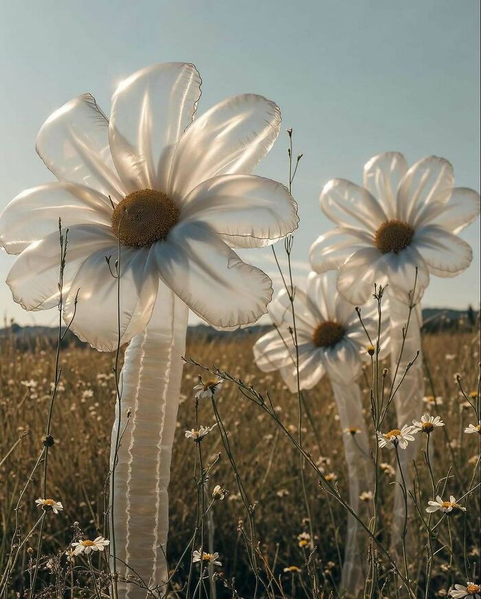Beautiful designs of giant translucent flowers in a field, a brilliant highlight of art and nature.