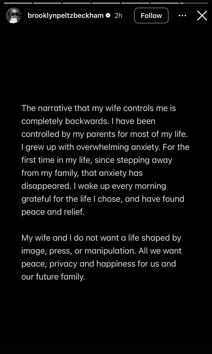 A social media statement from Brooklyn Peltz Beckham about his wedding and family privacy. A social media statement from Brooklyn Peltz Beckham about his wedding and family privacy.