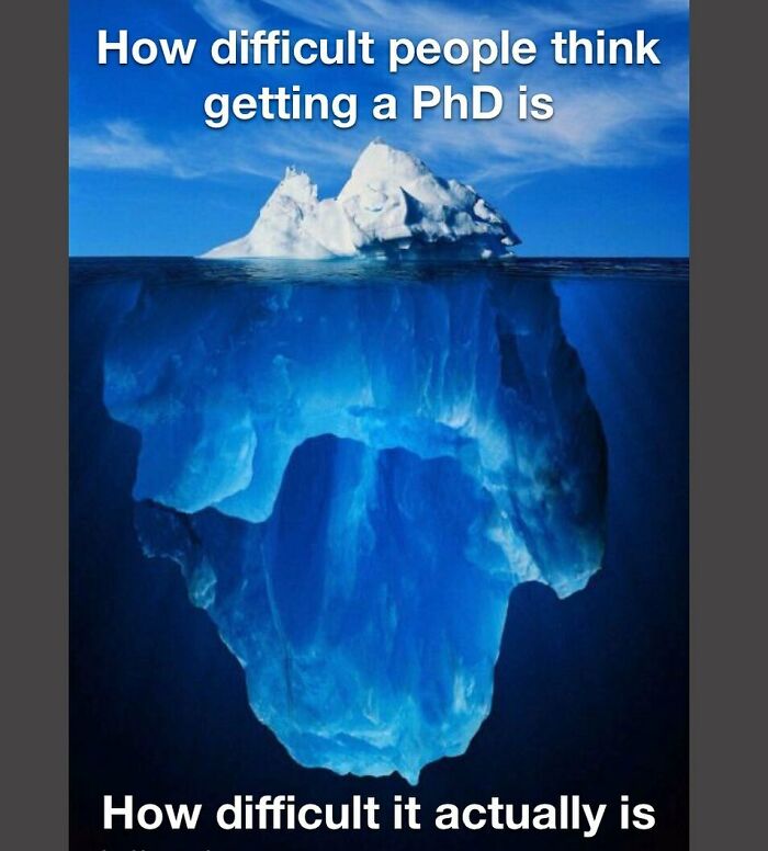 An iceberg visually portrays the perceived vs. actual difficulty of getting a PhD. An insightful PhD meme.