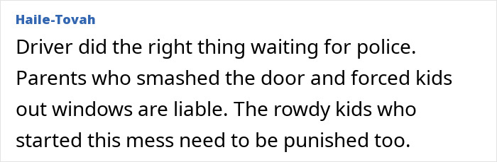 A comment supporting the school bus driver for waiting for police and blaming parents who smashed their way in. A comment supporting the school bus driver for waiting for police and blaming parents who smashed their way in.