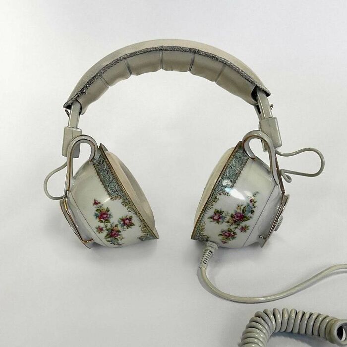 Brilliant design of headphones made from teacups with floral patterns, showcasing beautiful designs and highlights.