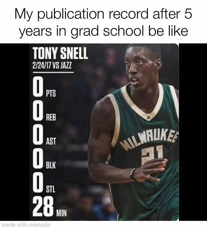 A PhD meme featuring basketball player Tony Snell's stat line of zeros, representing a publication record in grad school.