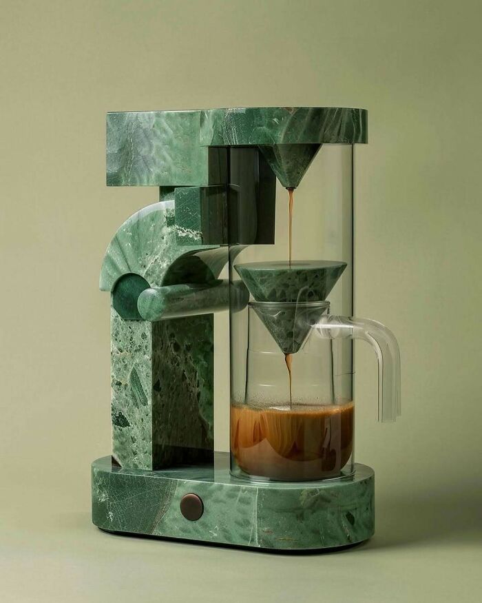 Brilliant and beautiful design: A unique green marble coffee maker dripping coffee into a glass carafe.