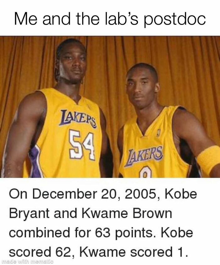 A PhD meme with Kobe Bryant and Kwame Brown in Lakers jerseys, illustrating a postdoc and student dynamic in thesis work.