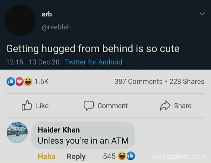 A social media post with a creative and cursed comment about getting hugged from behind, unless it's in an ATM.
