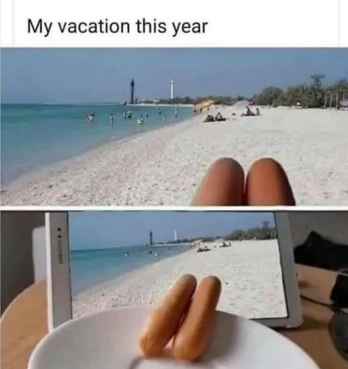 A split image showing a beach scene above and a person looking at the same beach scene on a tablet with two hotdogs as legs, funny travel memes.