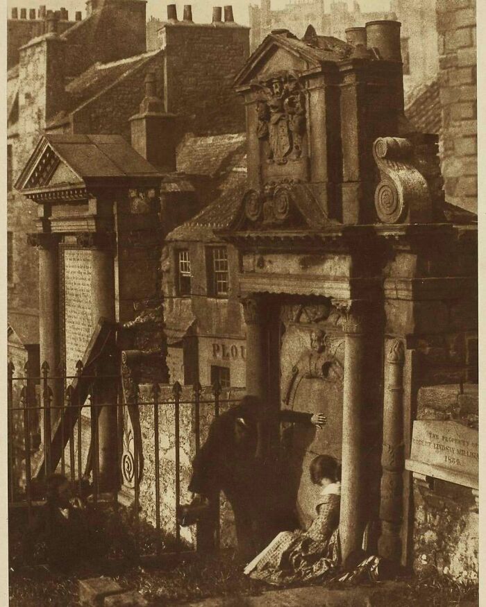 Historical Moments: Grieving woman at a gravesite, Edinburgh, 1840s. Lost to History Moment.