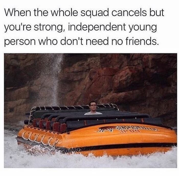 A travel meme showing a person alone on a water ride, highlighting canceled travel plans.