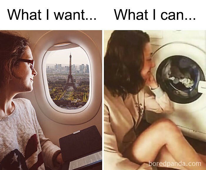 A travel meme showing a person looking out an airplane window at the Eiffel Tower, contrasting it with doing laundry.