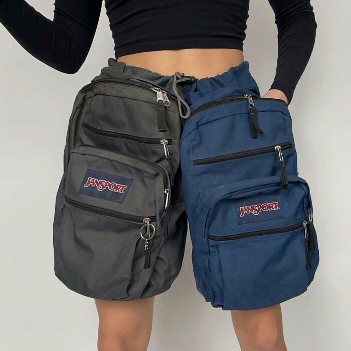 Person wearing two backpacks as a skirt showing a bizarre fashion crime trend