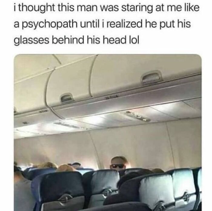 A funny travel meme of a man on a plane with glasses on the back of his head, appearing to stare.