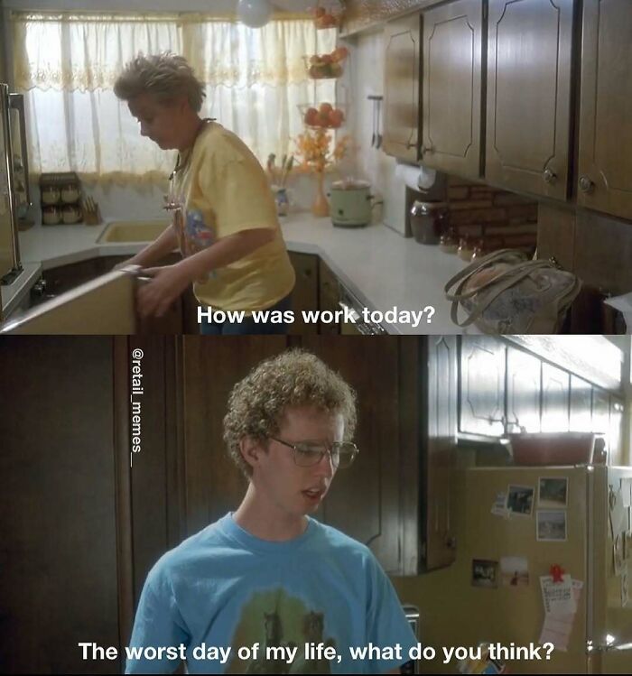 A retail worker expresses the worst day after work, a relatable moment for retail memes.