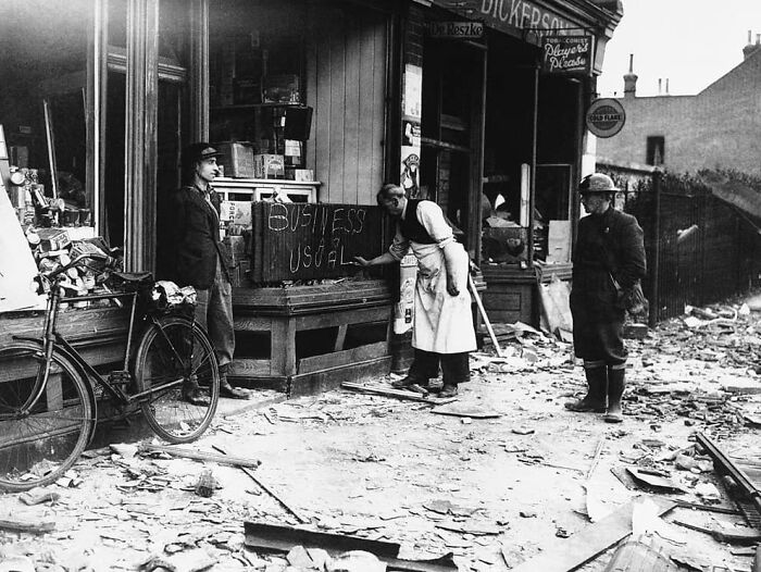 Historical Moments: Business as Usual after bombing, London, 1940. Lost to History Moment.