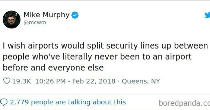 A tweet about airports splitting security lines for experienced travelers, a relatable travel meme.