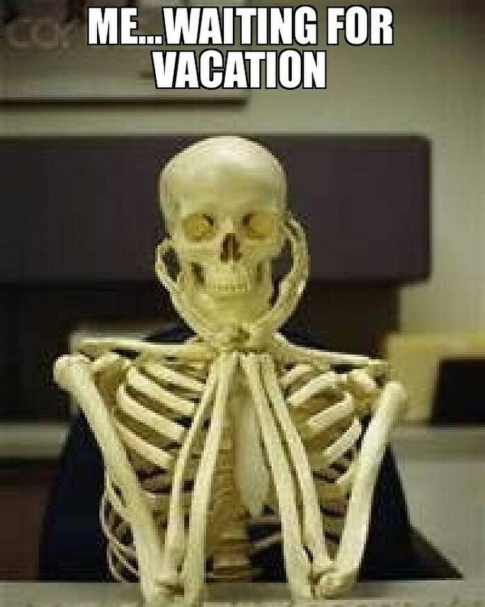A skeleton waiting, representing the long wait for a travel vacation, a relatable travel meme.