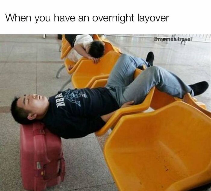 A man sleeping uncomfortably across airport chairs during an overnight layover, a travel meme about travel.