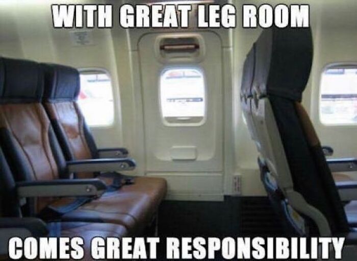 A funny travel meme of an airplane with ample legroom with text, With great legroom comes great responsibility.