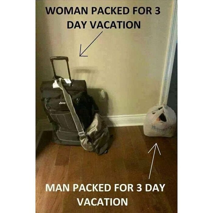 A funny travel meme contrasting a woman's large suitcase with a man's small bag for a 3-day vacation.
