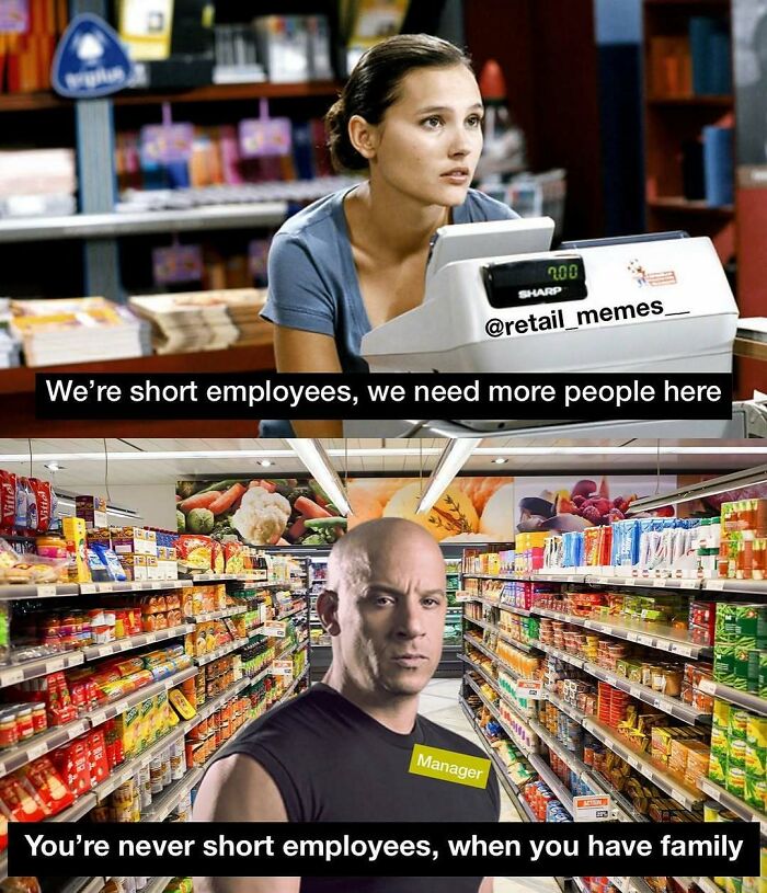 A retail meme featuring a cashier and a manager, humorously addressing customer service and employee shortages with famous movie characters.
