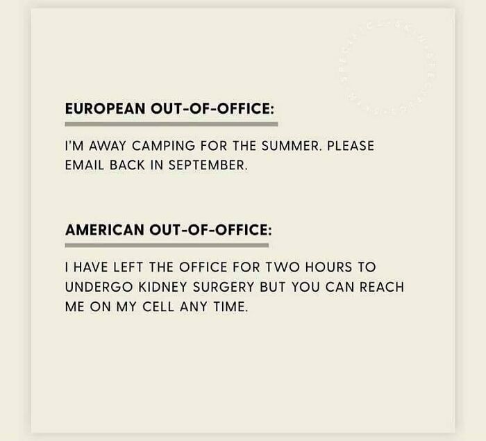 A travel meme comparing European and American out-of-office replies, humorous for your vacay abroad.
