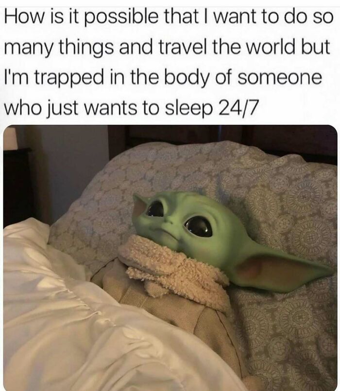 Travel memes with a Baby Yoda in bed, reflecting on wanting to travel the world but also sleep 24/7.
