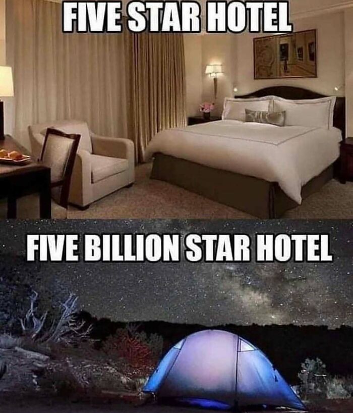 A travel meme contrasting a five-star hotel room with a tent under a starry sky. This meme makes people laugh while they enjoy their vacay abroad.