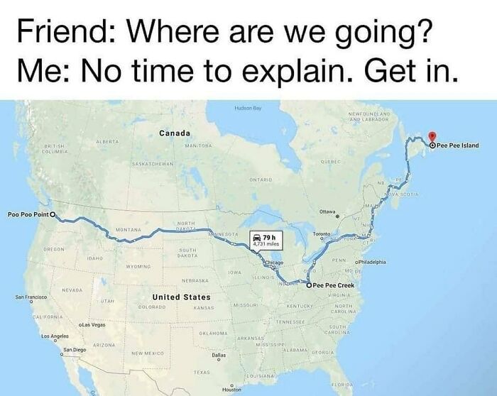 A travel meme with a map showing a long road trip from 'P*o P*o Point' to 'Pee Pee Island'. This meme makes people laugh while they enjoy their vacay abroad.