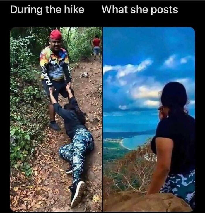 A travel meme contrasting a difficult hike with a glamorous social media post, capturing travel humor.