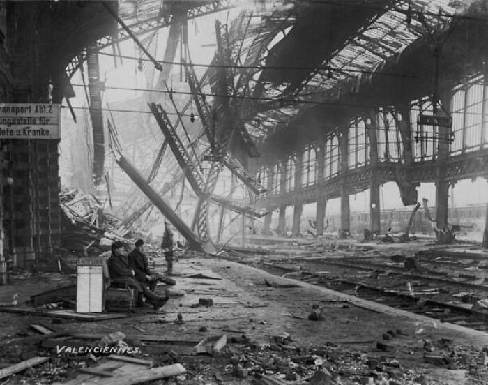 The destroyed Valenciennes train station after bombing, a powerful historical moment.