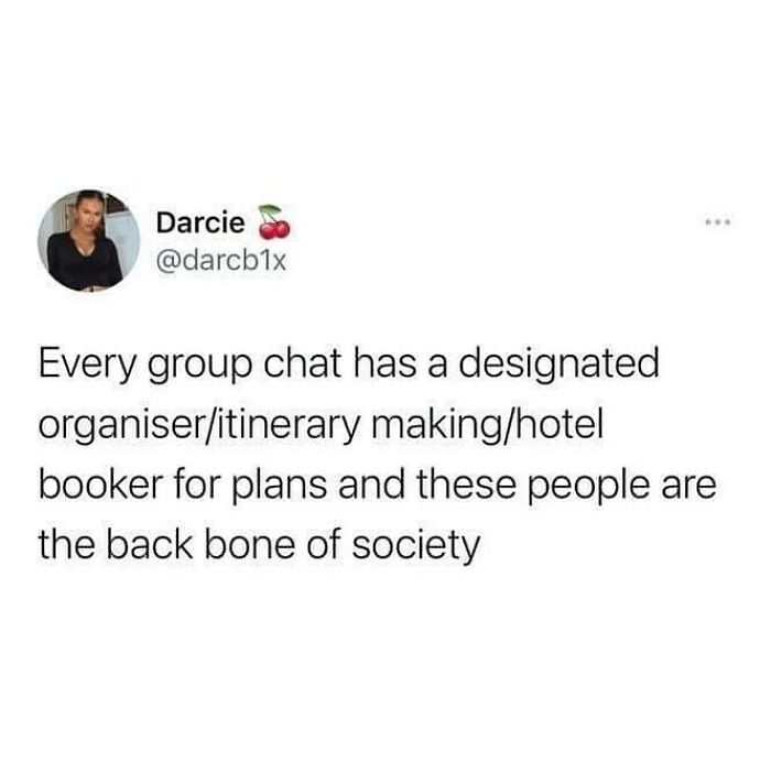 Travel memes about the importance of group chat organizers for travel plans and hotel bookings.