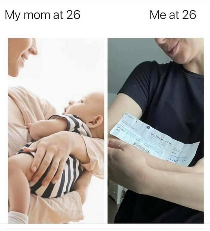 Relatable travel meme showing a comparison: a mom with a baby versus a person with a boarding pass for vacay.