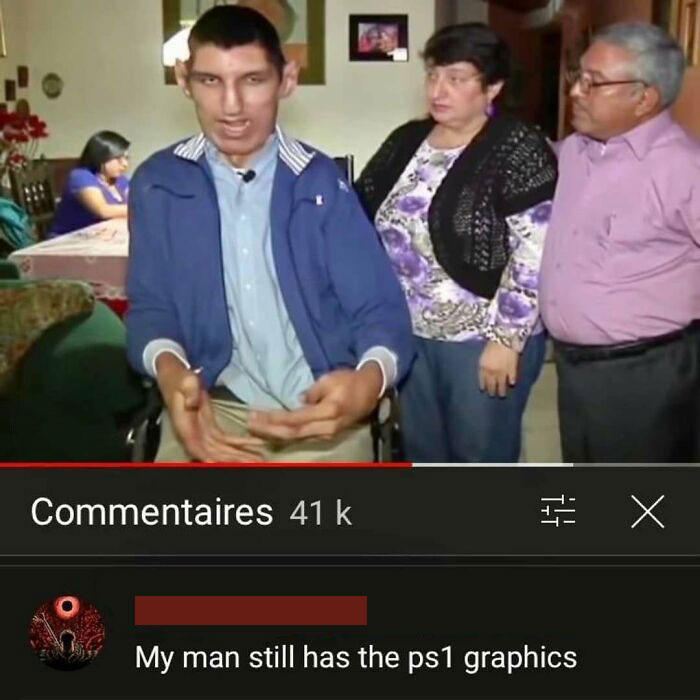 A creative and cursed comment on a video, stating the man has PS1 graphics.