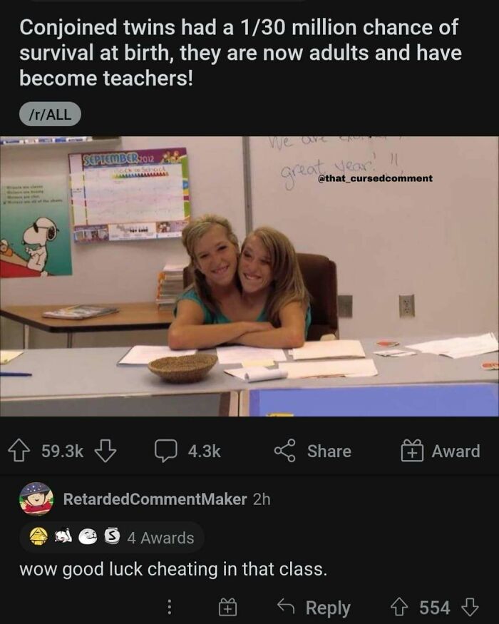 Conjoined twins smiling in a classroom with a creative and cursed comment about cheating.