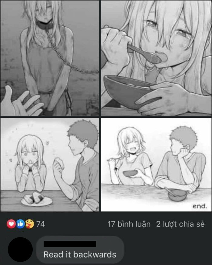 An anime-style comic strip with a creative and cursed comment underneath, suggesting to read it backward.