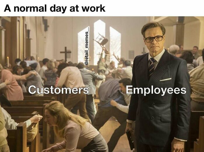 Kingsman meme depicting a chaotic scene with customers fighting and calm employees in retail memes.