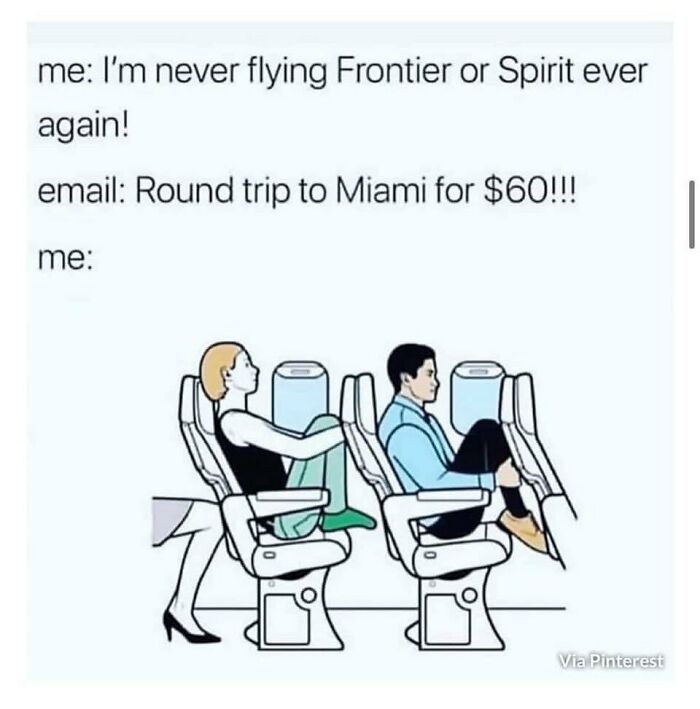 A travel meme illustrating a person flying uncomfortably on an airplane, having been enticed by a cheap flight deal for vacay abroad.