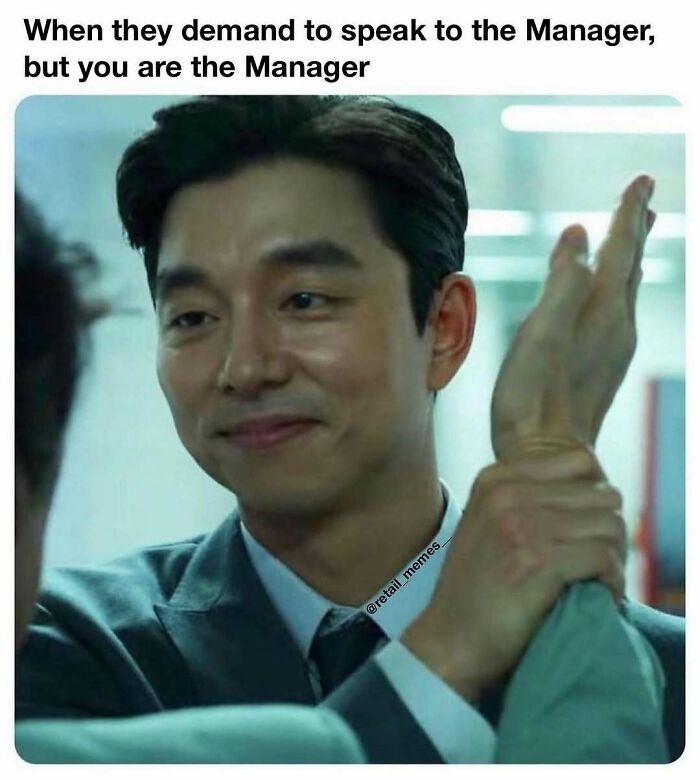 A man from Squid Game in a retail meme, smiling ironically as a customer demands to speak to him, the manager.