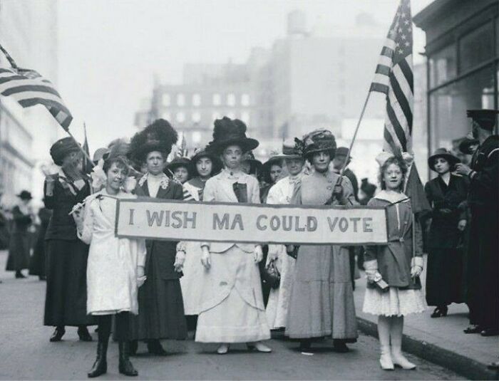 Historical Moments: Women's Suffrage Parade, I Wish Ma Could Vote banner, NYC, 1910s. Lost to History Moment.