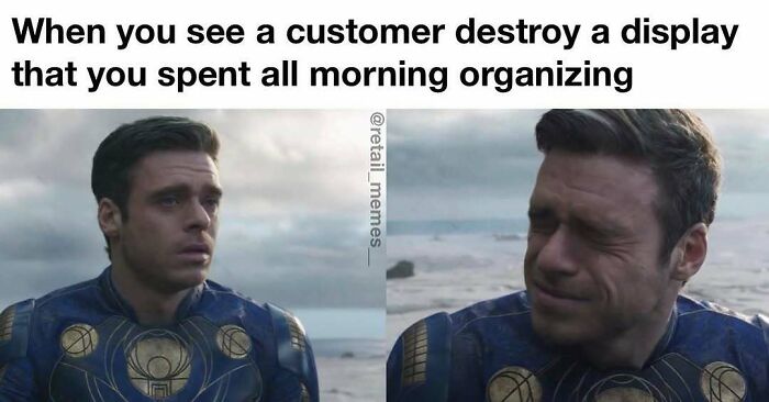 A retail meme featuring a two-panel image of Richard Madden's character, first looking distraught, then crying, about a destroyed display.