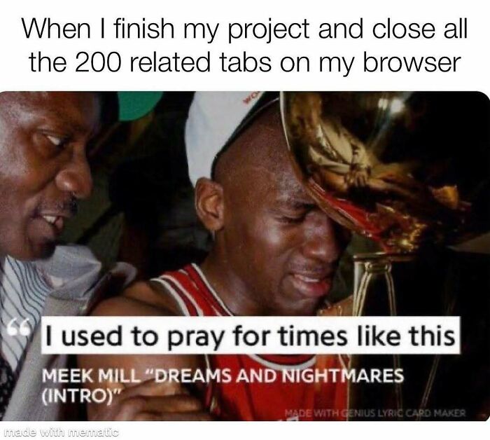 PhD meme of Michael Jordan crying tears of joy, symbolizing relief after finishing a project and closing browser tabs for a thesis.