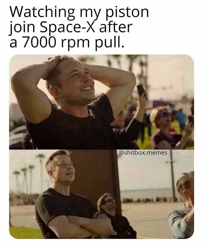Elon Musk looking up to the sky in a funny meme about a piston joining Space-X, related to cars.