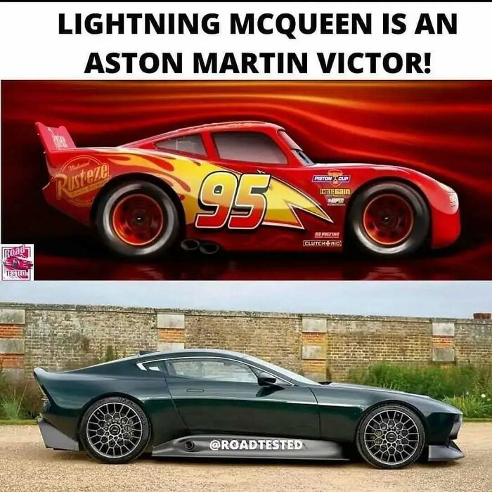 Funny car meme comparing Lightning McQueen to an Aston Martin Victor for car enthusiasts.