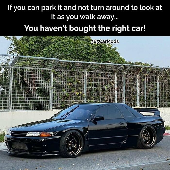 Funny meme about cars, displaying a sleek black car and text about buying the right car.
