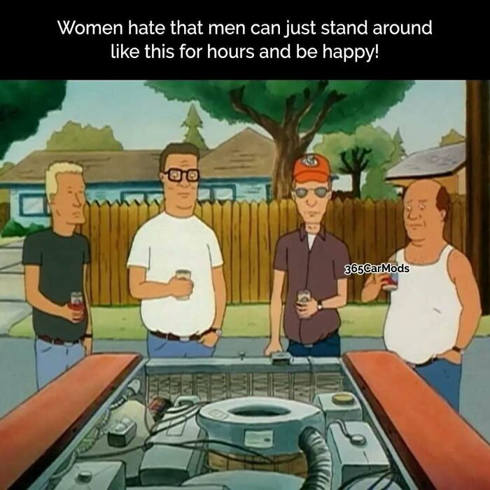 Funny meme of animated men standing around an open car hood, happily discussing cars and mechanics.
