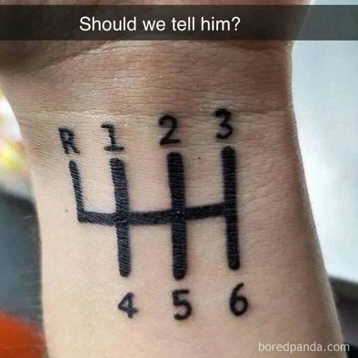 Funny meme of a wrist tattoo depicting a manual car shift pattern, sparking a car discussion.
