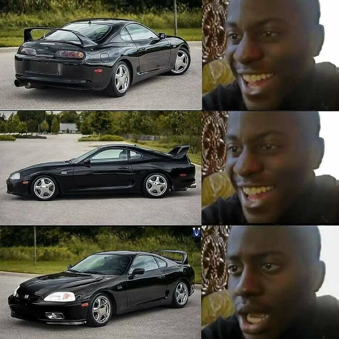 Funny meme of a man reacting to different angles of a black sports car, showing his passion for cars.